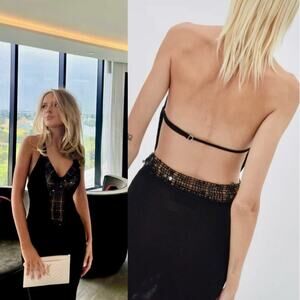 Aya Muse Alpin Beaded Open Back Halter Dress Black Size XL NWT